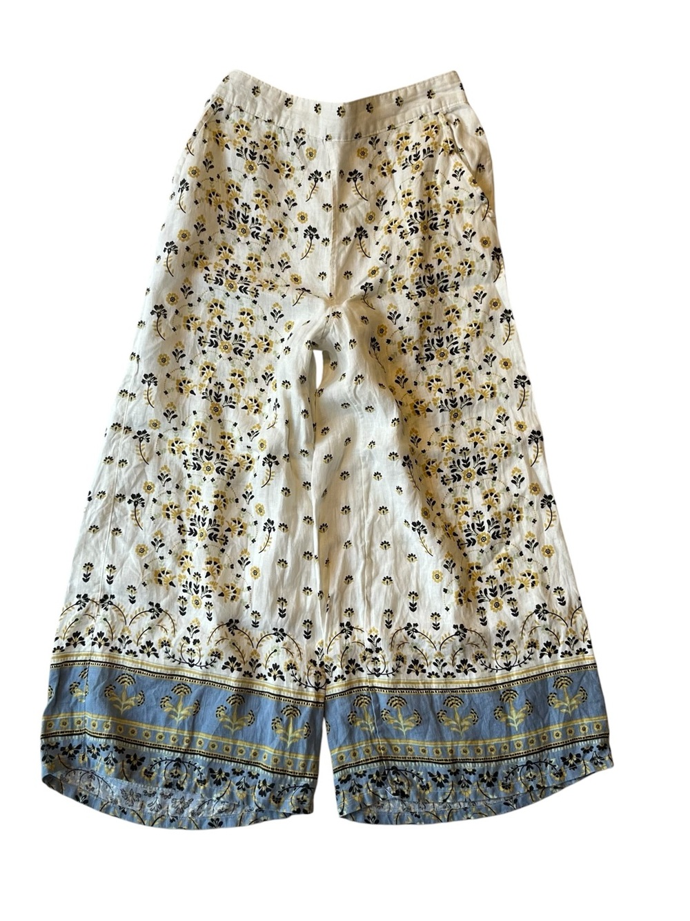 Joie Wide leg crop pants 100% Linen S White floral Boho Pull on waist Womens